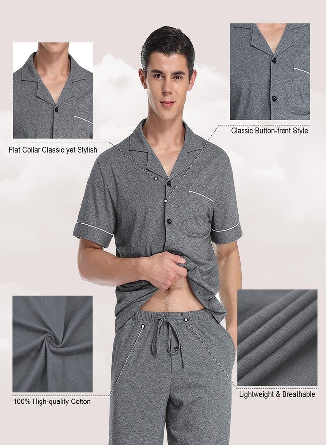 COLORFULLEAF Men's 100% Cotton Pajamas Set Button Down Sleepwear Short Sleeve and Long Pants Pjs (Dark Gray,XL) - Image 2
